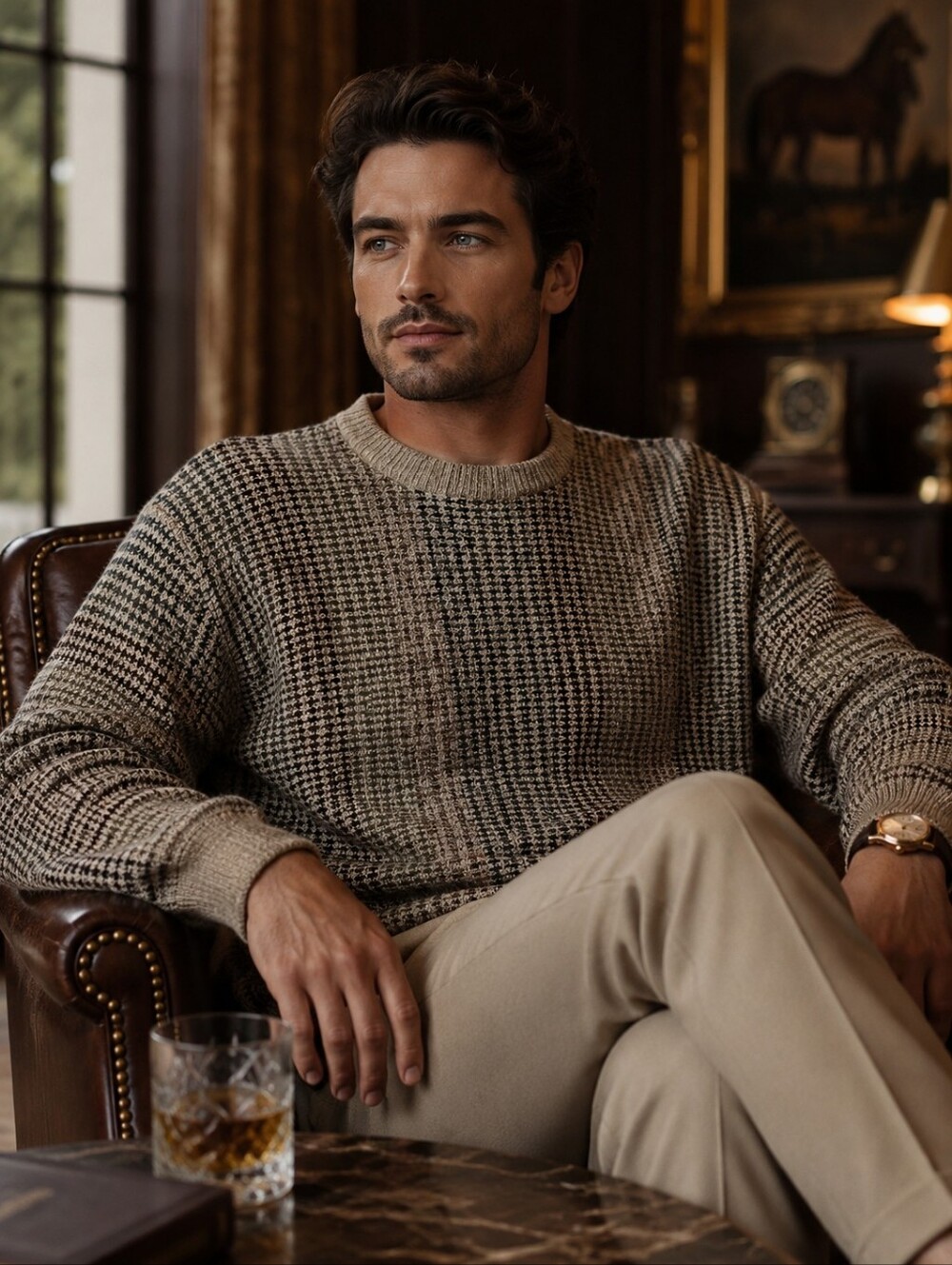 Oscar de la Renta Mens Crewneck Sweater in Beige and Brown Knit